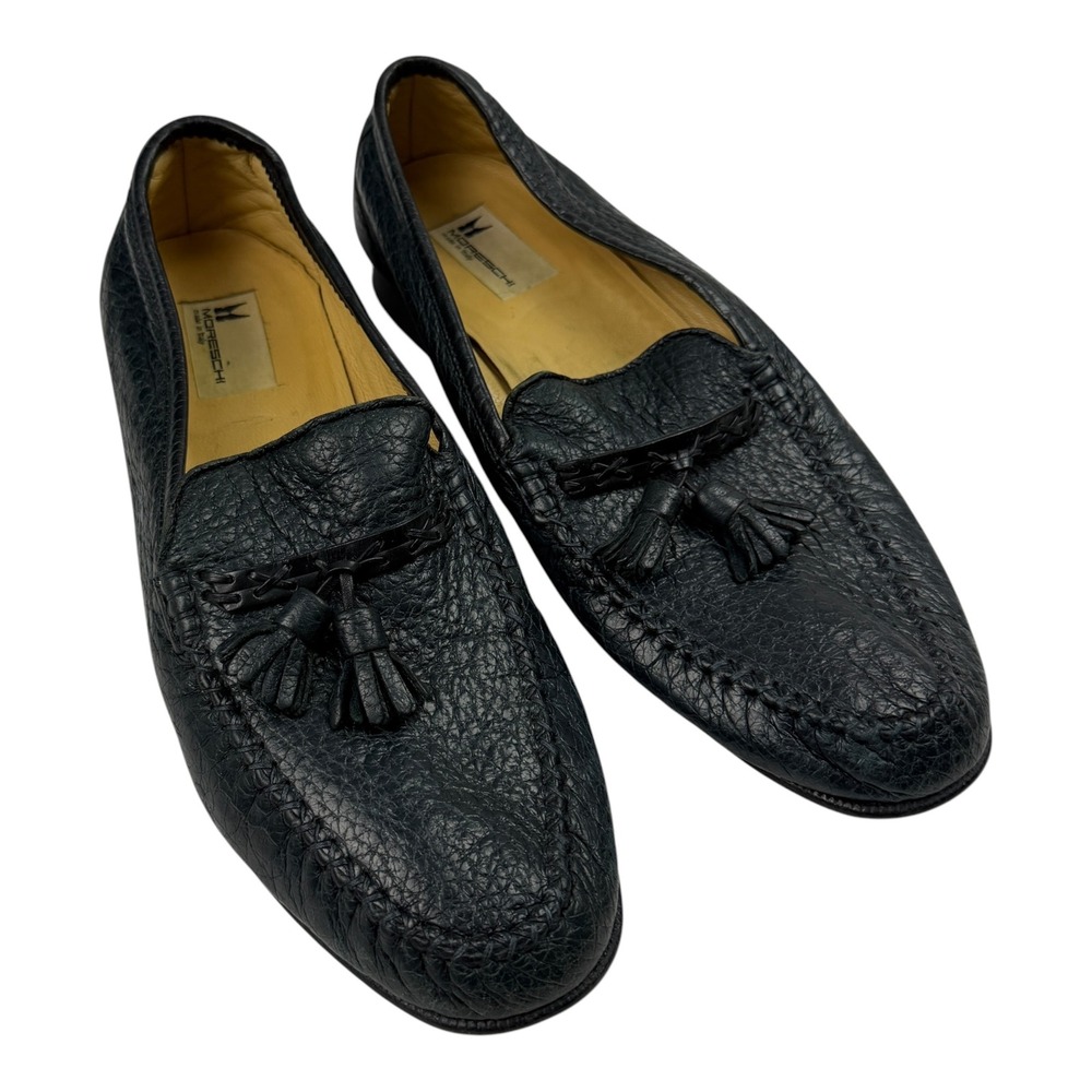 Moreschi Mens Black Pebbled Leather Tassel Loafers Made in Italy Size 10.5